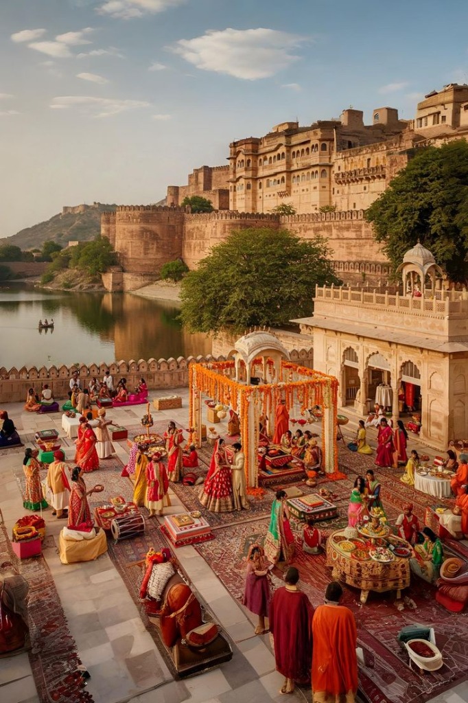Historic Rajasthan Fort Lakeside Palace Courtyard Phera Ceremony